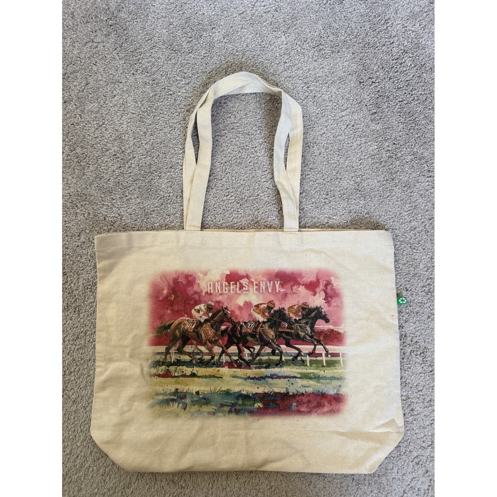Angels Envy Bourbon Whiskey Recycled Cotton Horse Race Canvas Tote Bag Cream